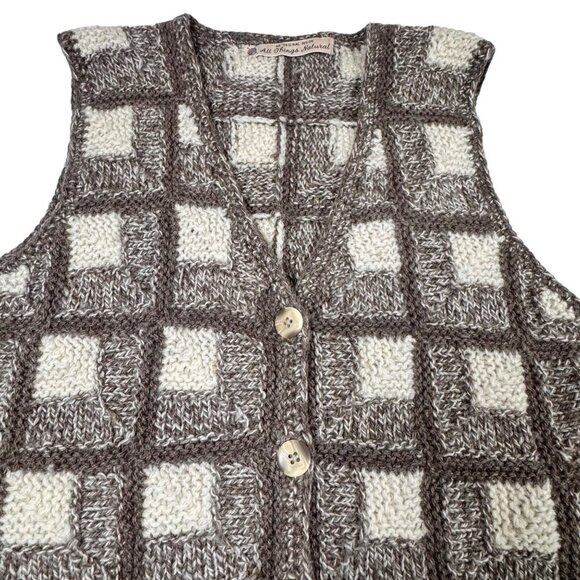 VTG Check Sweater Vest Sz.M Tan Cream Wool Hand Knit Cottage Academia Grandma - Picture 3 of 11
